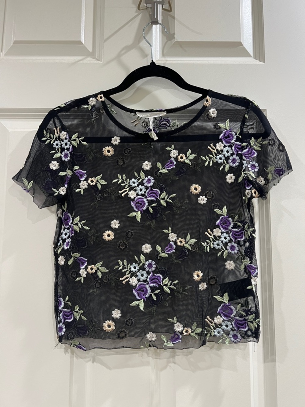 Urban Outfitters Floral Embroidered Mesh Sheer Top – Black – Size S/M